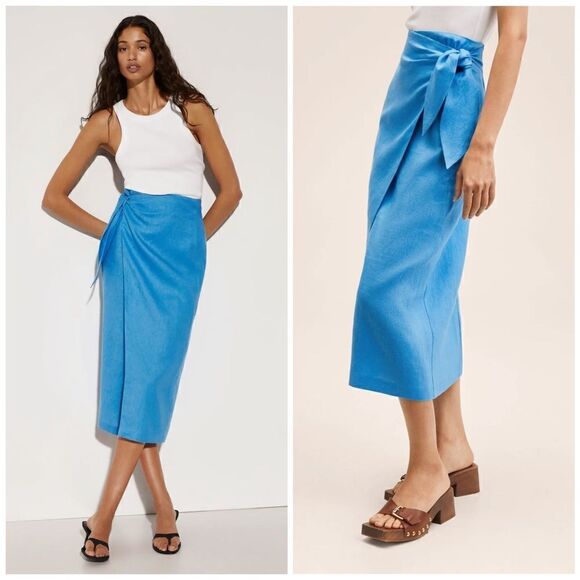Mango 100% Linen Blue Midi Skirt New